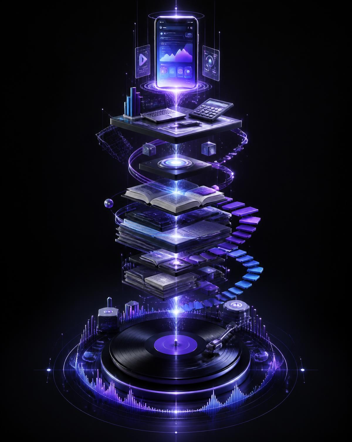 Concept artwork connecting music, education, business experience, and app building in one upward journey